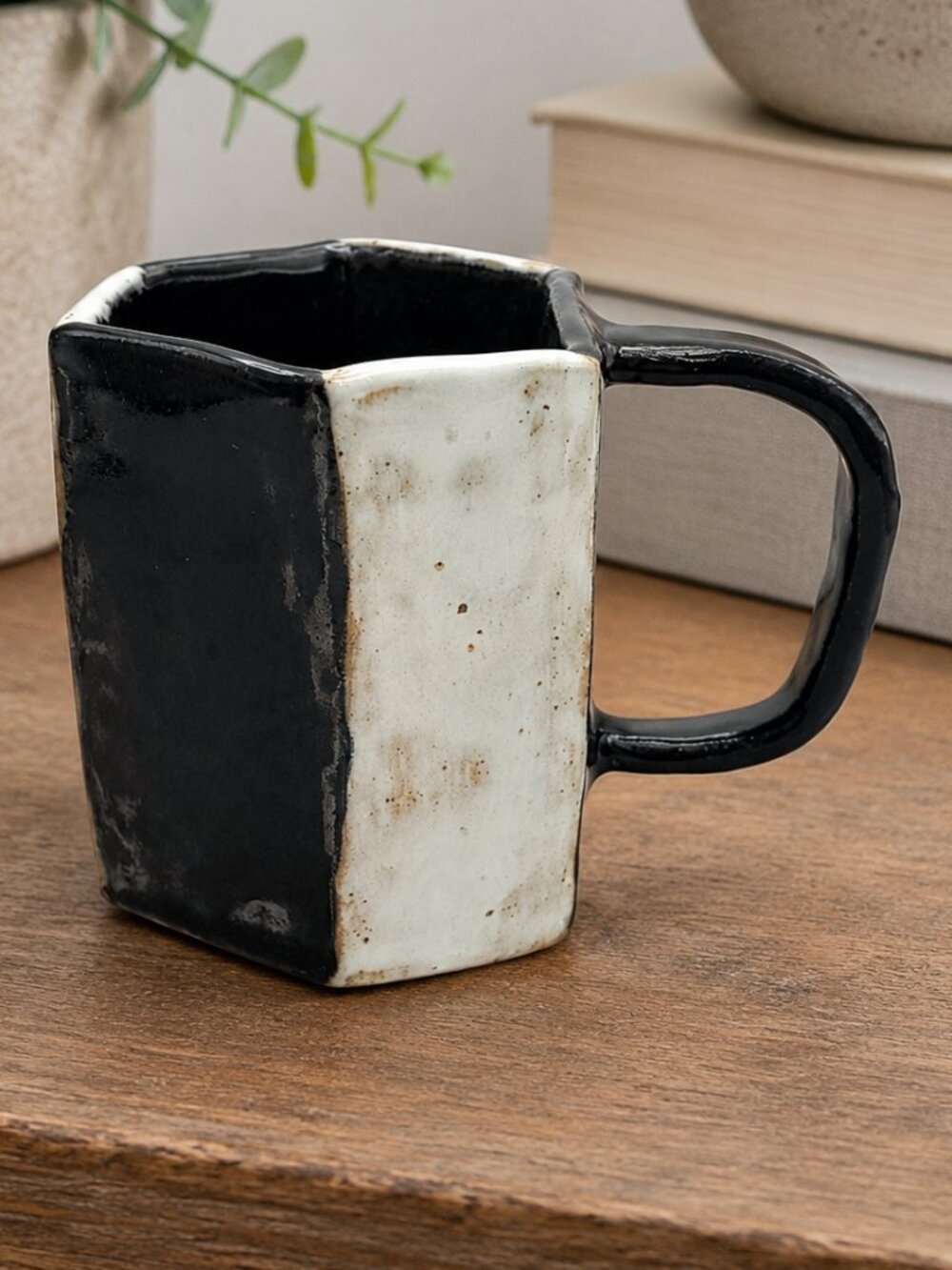 Handmade Studio Pottery Mug Signed S22 Black White Geometric Coffee Cup